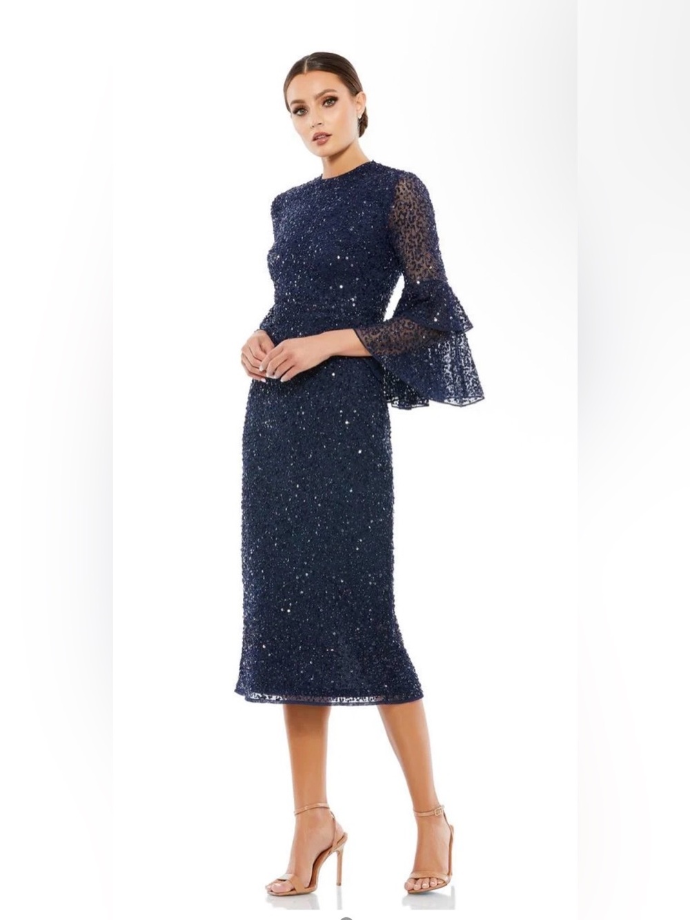 Mac Duggal Midnight Blue Tiered Ruffle Sleeve Cocktail Size 6 NWT